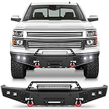 LONGSUN Front Bumper Fit for Chevy Silverado 1500 2014-2015, Pickup Truck Bumper Black with Winch Plate, D-ring and Lights (Compatible with Chevy Silverado 1500 2014 2015