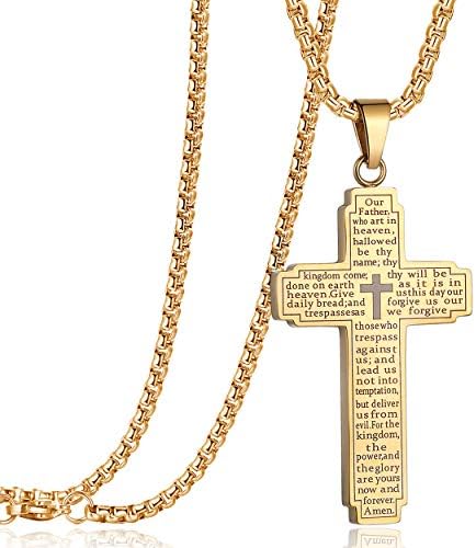 Rehoboth Stainless Steel Our Father Lord's Prayer Cross Pendant Necklace for Women Men Chain 24