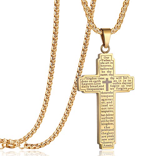 Rehoboth Stainless Steel Our Father Lord's Prayer Cross Pendant Necklace for Women Men Chain 24" Gold
