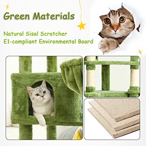 Kzlaa 67" Tall Cat Tree Cat Tower For Indoor Cats Kittens, Scratch Post With Natural Sisal Rope, Ladder Hammock & Cradle, Multi-Level Cat Climbing Stand, Cat Activity Center Play House(Green) #TOP5
