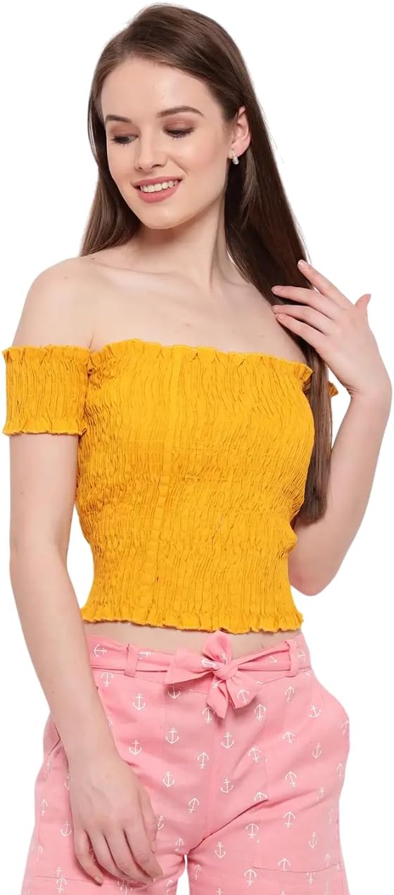 GrabMe Store Women's Rayon Solid Off-Shoulder Smocked Crop Top Short Sleeve Casual Styles Tank Top (Free Size) Multi24