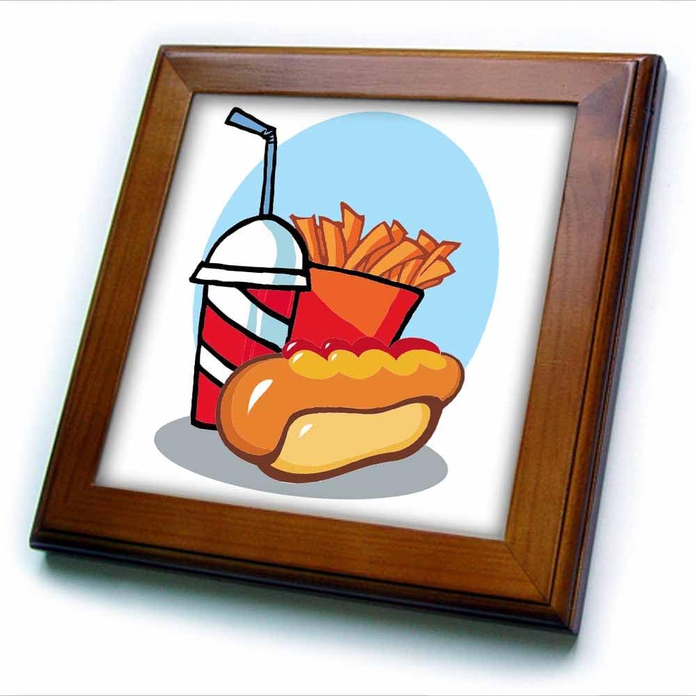 3dRose ft_118527_1 Cartoon Fast Food Meal-Framed Tile, 8 by 8-Inch