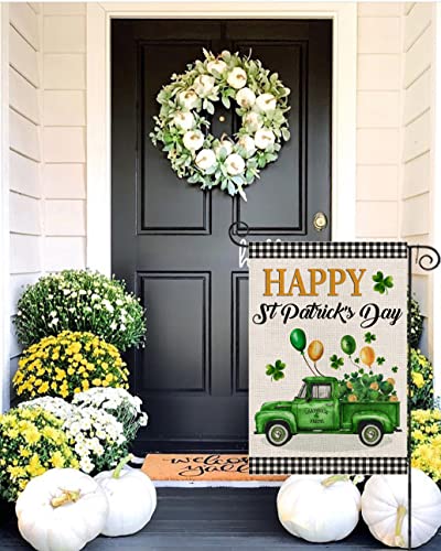 Ekorest Happy St Patrick's Day Garden Flag 12X18 Inch Vertical Double Sided,Buffalo Plaid Truck With Shamrock Balloons Small St. Patricks Day Yard Flag For Outdoor Farmhouse Holiday Outside Decoration #TOP5