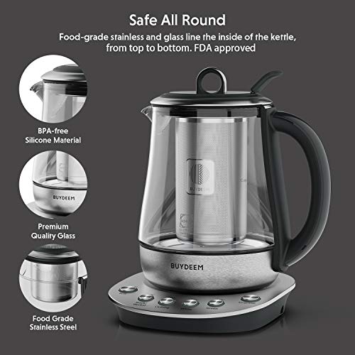BUYDEEM K2423 Tea Maker, 316 Stainless Steel & Heat Resistant DURAN Glass Electric Kettle, Removable Infuser, Auto Keep Warm, 1.2L