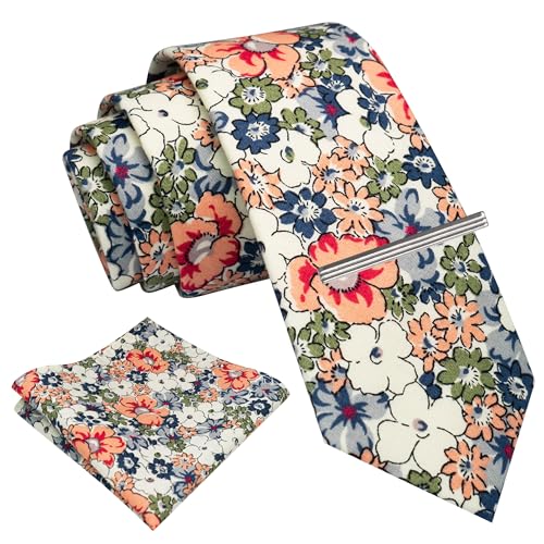 Corbata skinny floral de algodón con set de pañuelo y clip miniatura 1