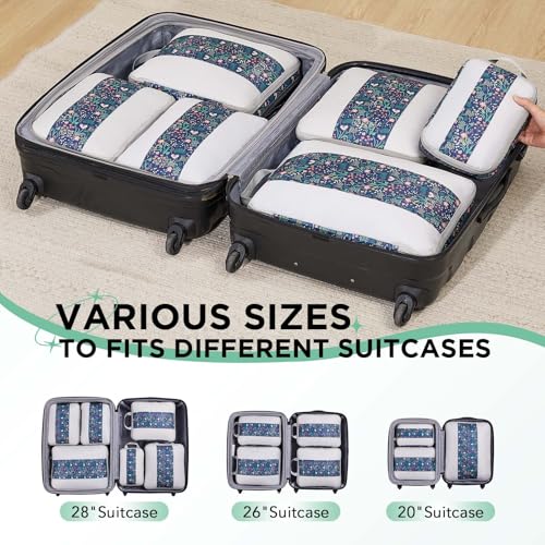 Image of OlarHike 6 Set Compression Packing Cubes for Travel Essentials,Compressible Expandable Space Saver Bags for Organizing Clothes,Luggage Garment Bags with Over 1000 pcs Mesh Holes(Dark Blue Floral)
