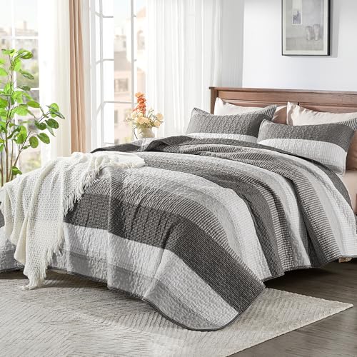 Image of Andency Queen Quilt Bedding Set Dark Grey, 3 Pieces Patchwork Summer Striped Ultra Soft Lightweight Bedspreads, Coverlets Set with 2 Pillow Shams for All Seasons (90 inchx96 inch)