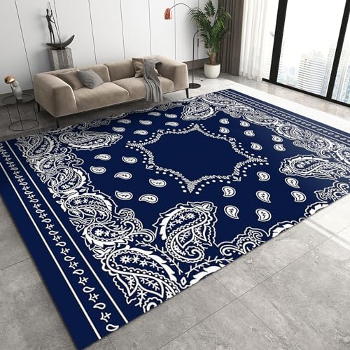 WTVBHF Area Rugs 100x140cm Exotic Floral Border Blue Classic Carpet, Indian Ethnic Date Palm Leaf, Non-slip, Office, Bedroom, Living Room