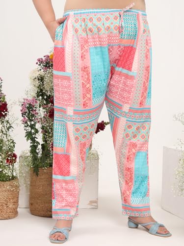 Image of Tissu Women's Plus Size Pure Cotton Red Asymmetrical Top with Trouser Co-ord Set