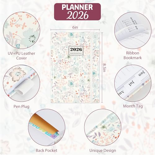 2026 Planner, 2026 Planner Weekly and Monthly with Tabs, 2026 monthly planner with Color Pen, Sticky Notes and Stickers, 6.2" x 8.5", Durable Twin Wire Binding, Storage Pocket - Flower — view 3