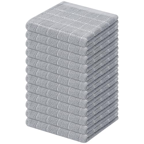Mordimy Cotton Terry Checkered Dish Cloths, 12"x 12", 12 Pack, Light Grey