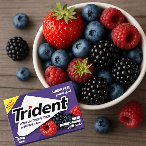 Image of Trident Mixed Berries Sugar Free Chewing Gum By Cougar | 12 Pack Box (7Sticks) | Long Lasting Berry Flavor | Resealable Packs for Travel, Work, School & Fresh Breath | Individually Wrapped Sticks with Raspberry & Blackberry Taste | 162g Box - (Imported-USA)