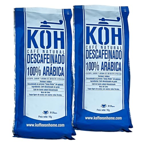 KoffeeONHOME Café en Grano Descafeinado al Agua – 100% Arábica – Tueste Natural – 2 kg (2x1000 gr)