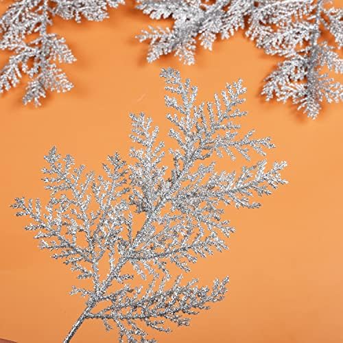10 Pieces Silver Christmas Glitter Large Leaves Artificial Leaves Simulated Tree Branch Wedding Glitter Christmas Tree Pendant New Year Ornaments Home Decoration (Silver)