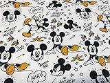 telas mickey mouse telas de disney con un dibujo del mítico personaje mickey mouse. El estampado con fondo de tela en blanco y el personaje en amarillo y negro. Confecciona con esta tela cualquier prenda de moda infantil, como vestidos, camisas.....También puedes usar la tela para tapizar cualquier rincón de tu hogar o trabajar en patchwork, manualidades o labores