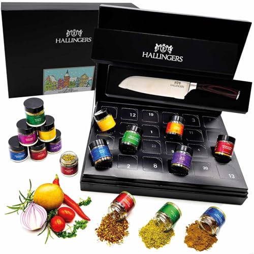 Hallingers Genuss Manufaktur Gewürz Adventskalender - 24 Gewürze aus aller Welt in edler Box mit Rezept-Booklet 'Winterkalender ...' Bundle mit Premium Santoku-Messer, Weihnachtskalender für Frauen