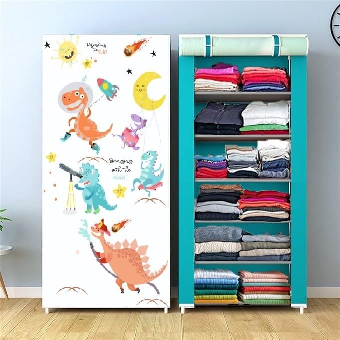 CMerchants Portable Collapsible Wardrobe for Clothes Storage – Foldable Cloth Organizer Cupboard with Plastic Shelves for Bedroom & Home (Durable, Space Saving Design) (Dinosaur Print, 6-Layer)-image-22