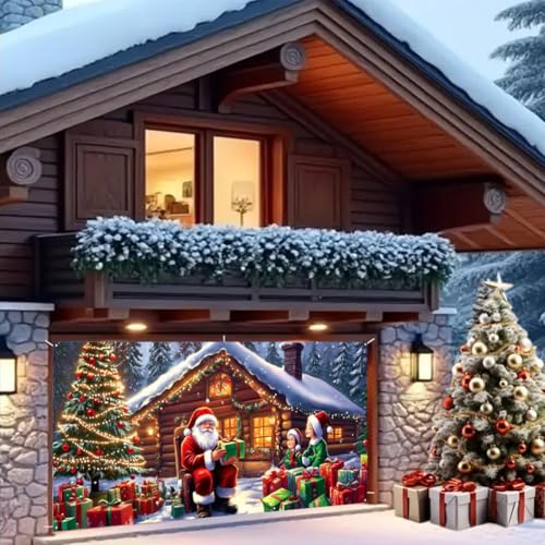 Décoration porte de garage colorée Noël grand format bâche extérieure S011