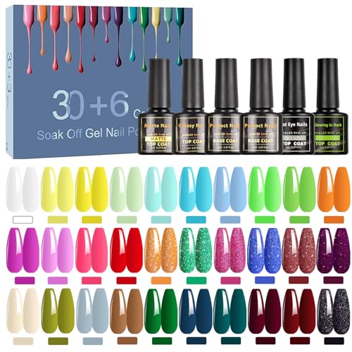 SHOWNAIL 36Pcs Pintauñas Semipermanentes, 30 Colores de Esmalte Semipermanente Gel UV LED con Base, Top y Mate y Glitter, Glowing Coat, Esmaltes Semipermanentes para Uñas Navidad de Año Nuevo, 8ML