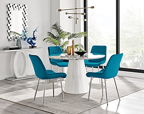 Furniturebox UK Palma White Marble Effect Round Pedestal Dining Table and 4 Blue Velvet Silver Leg Pesaro Luxury Dining Chairs