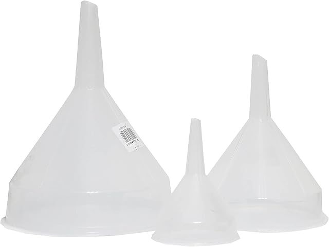 KARRMA ® SET OF 3 CLEAR PLASTIC FUNNEL 8cm,14 cmAND 18cm Clear Plastic Funnel PVC Made Strainer Filter Tool Essential Oils Filling Bottle Funnel Science Laboratory Liquid Filtering Funnel ETC