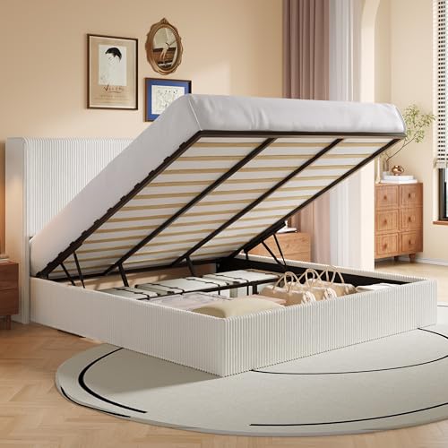 SHA CERLIN King Size Lift Up Storage Bed Frame, Modern Upholstered Wingback Headboard, Hydraulic Support & Underneath Storage, Soft Corduroy Fabric Platform Bed, No Box Spring Needed, White