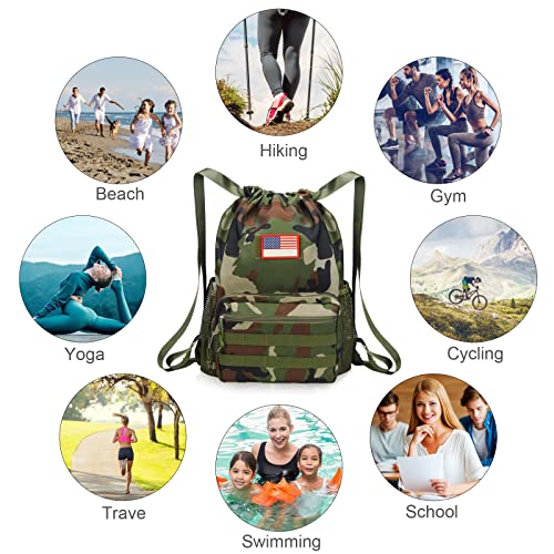 Atripack Tactical Drawstring Backpack, Water-Resistant Swim Bag String Bag Sandproof Beach Backbag American Flag Cinch Sack Bookbag For Men Women Basketball,Swim, Gym, Sports（Green Camo #TOP5