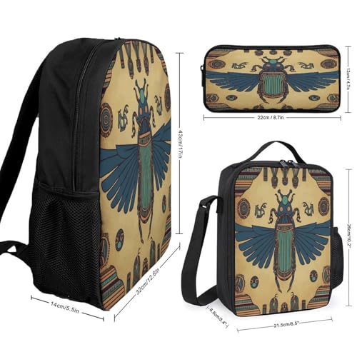 Printed Backpack With Lunch Pack Storage Box Case Egyptian Scarab 3pcs Lightweight Travel Backpack2
