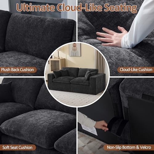 Image of 83''Cloud Boneless Sectional Couch, Modular Sectional Sofa Deep Seat, Upholstered Convertible Comfy Loveseat Chenille Memory Foam Sofa Couches for Living Room, Dark