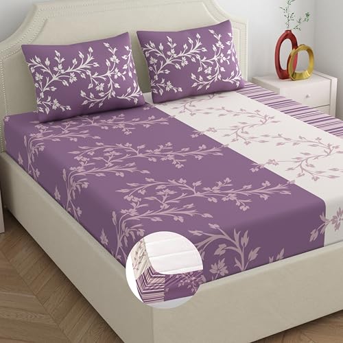 Image of Dreamscape 100% Cotton Fitted Floral Bedsheet For King Bed, 140 TC, 1 Bed Sheet (Size 72 x 78 Inches + 12 Inches Pocket) With 2 Pillow Covers, Purple
