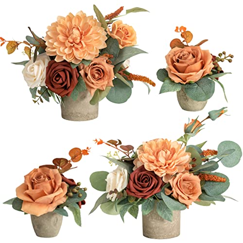 Ling's moment Terracotta Artificial Flowers with Vase Table Decorations Wedding Centerpiece Flower Potted for Ceremony Reception Tabletop Flowers Mantel Archway Aisle Dining Room, Burnt Orange