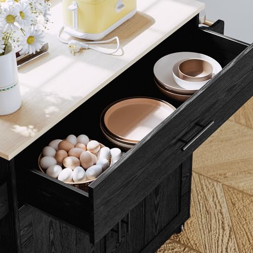 IRONCK Kitchen Island with Storage, Rolling Kitchen Island on Wheels with Drop Leaf, Charging Station, 3 Open Spice Rack, Cabinet, Drawer, Kitchen Cart Island Table for Kitchen, Black