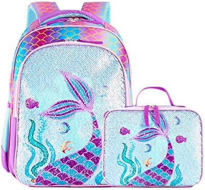 Reversible Sequin School Backpack Lightweight Little Kid Book Bag with Lunch Bag Set for Preschool Kindergarten Elementary (15", Mermaid with Lunch Bag)