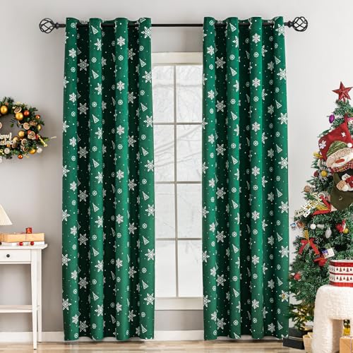 WONGS BEDDING Cortinas navideñas de terciopelo, color verde, diseño de copos de nieve, árbol de Navidad, cortinas opacas para dormitorio, salón, 140 x 225 cm (ancho x alto), juego de 2 unidades