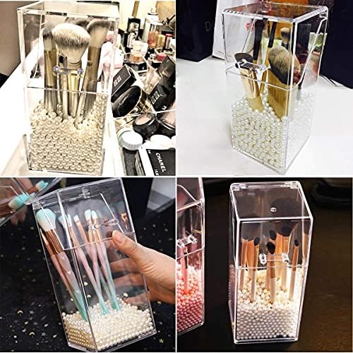 Discoball Makeup Brush Holder Organizer with Lid Dustproof Cosmetic Organiser Storage Box with Pearl, Clear Square