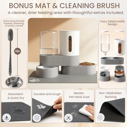 ZBIAOJNU Gravity Cat Feeder 2 Pack Automatic Food Feeder and Water Dispenser Set Detachable Pet Bowl with Silicone Mat and Brush for Cats Small Medium Dogs, Large Capacity(Grey) by ZBIAOJNU - Used condition - Image 6