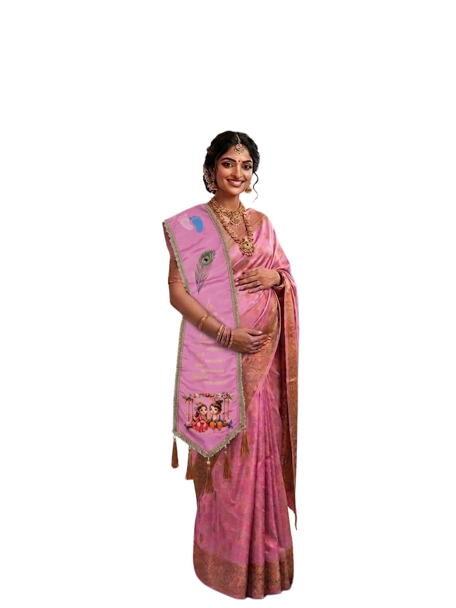 tulsi enterprise Baby Shower Pink Khes with Radha Krishna Jhula Print & Sanskrit Shlok | Traditional Godh Bharai Sash | Best for Maternity Photography to Make Your Ceremony Special-picture-14