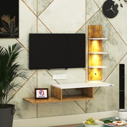 Image of Thomas Engineered Wood LED Light TV Unit Wall Mounted TV Unit Wall TV Stand TV Cabinet for Living Room, Set Top Box Stand - GiantWood /White(D.I.Y - Do-It-Yourself) Ideal for Up to 43 inch Inches