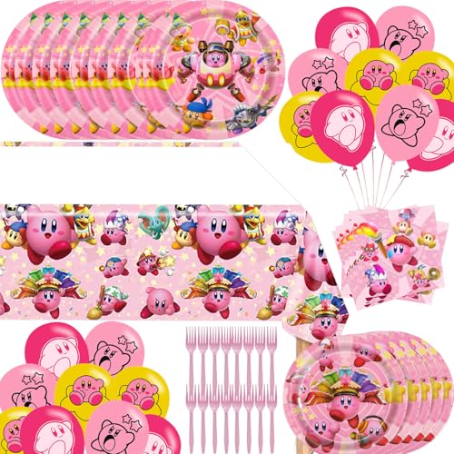 Cartoon Star Birthday Party Supplies for Kirbayy Star Birthday Party Decorations Including dinner plates napkins Ballons and tablecloth for Kirbies Party Supplies