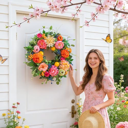 Spring Wreaths for Front Door Outside,24 Inch Summer Wreath with Peony, Dahlia, Hydrangea, Faux Lemons, Berries and Greenery, Colorful Spring Door Wreath for Outdoor Decor by Soomeir - Image 6