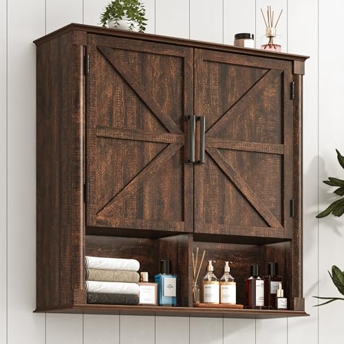 Farmhouse Bathroom Storage Cabinet,Double Wooden Bathroom Wall Cabinet with Roman Column Decor, Farmhouse Medicine Cabinets w Barn Doors,Storage Cabinets Wall Mounted for Kitchen(Wood Brown)
