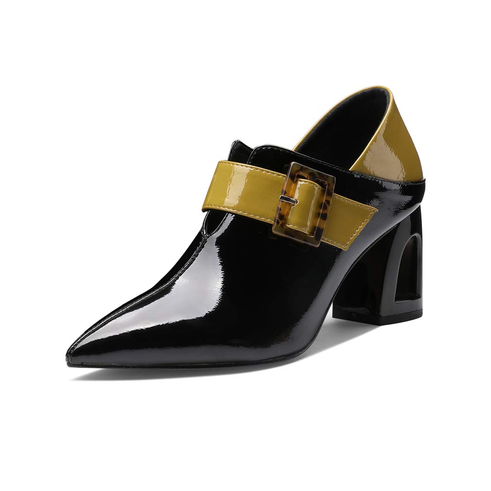 Women's Handmade Glossy Patent Leather Pointed Toe Mid Block Heel Assorted Color Pump Shoes with Buckle Desor