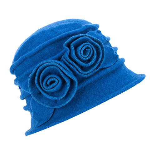 1920s Gatsby Womens Flower Wool Warm Beanie Bow Hat Cap Crushable A287 (Royal Blue)