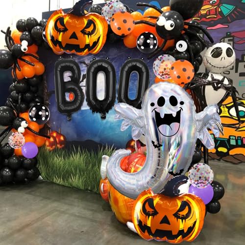 128 Pcs Halloween Balloons, Huge BOO Spider Ghost Aluminum Foil Balloons Black Orange Purple Helium Latex Confetti Balloons for Birthday, Baby Shower, Halloween Party Decorations Supplies — view 4