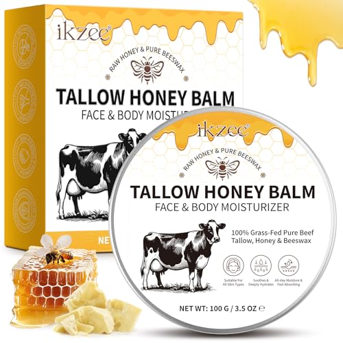 Beef Tallow for Skin 100g, Bálsamo de Sebo de Vacuno y Miel 100% alimentado con pasto- Crema hidratante para el cuidado de la piel Apta para cara y cuerpo Pieles secas y envejecidas