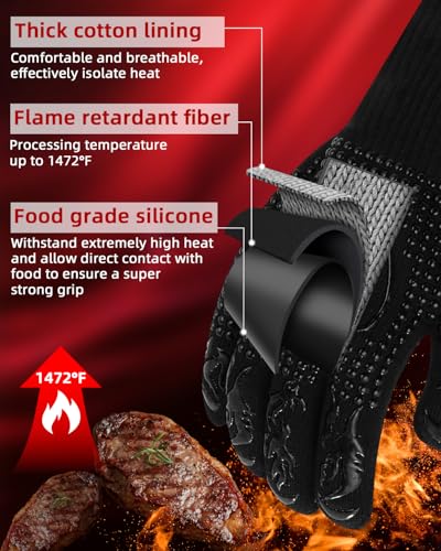 Grillhandschuhe Hitzebeständig bis 800 Grad Topfhandschuhe Ofenhandschuhe hitzebestaendig Feuerfeste Kochhandschuhe Backhandschuhe BBQ Handschuhe zum Indoor Outdoor Backen, Kochen, aus Aramid,Schwarz