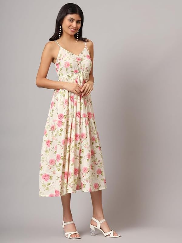 Image of FABRIC FITOOR Women Cotton Lime Green Color Geometric Print Fit & Flared Dress with Shoulder Straps