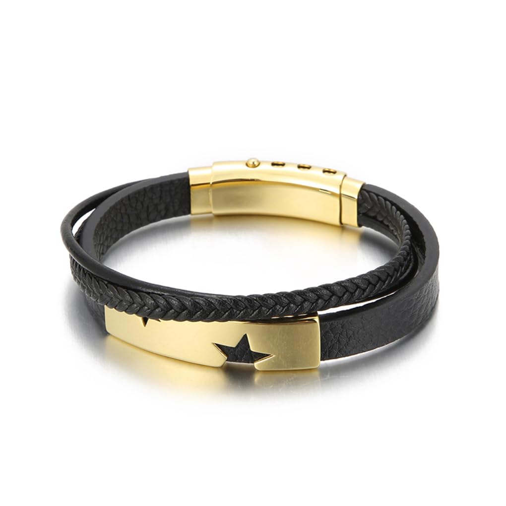 Hinghok Punk Wind Braided Rope Bracelet Star Accessories Cowhide Stainless Steel Chain Leather Bracelets Jewelry KB150259-KLHQ 21cm