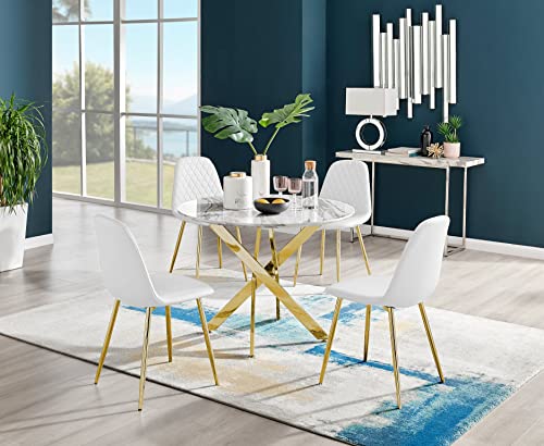 Furniturebox UK Novara White Marble Effect Gold Leg Round Dining Table & 4 White Corona Gold Leg Chairs