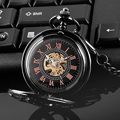 Image of Hand Winding Hollow Roman Numerals Mechanical Pocket Watch Steampunk Mens Watches